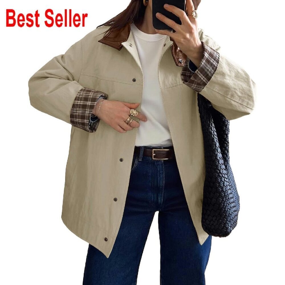 Oversized Trench Coat Leather Collar Plaid Cuffs Windproof Chic Fall Jacket